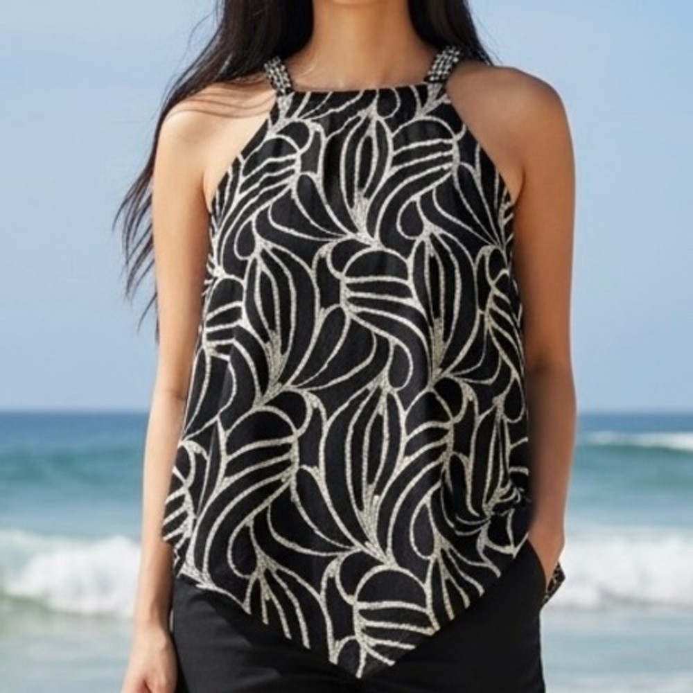 Alfani Womens Black White Abstract Print Handkerchief Hem Rhinestone Tank Top M